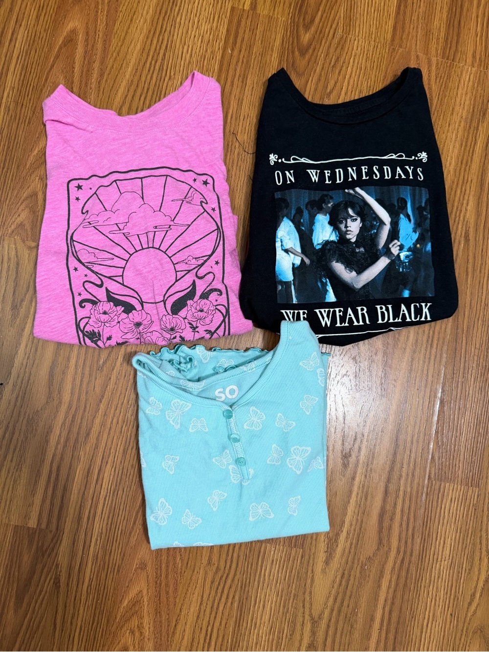 Girl’s 3 Shirt Bundle Black Wednesday, Blue Butterfly, & Pink Sunshine Medium
